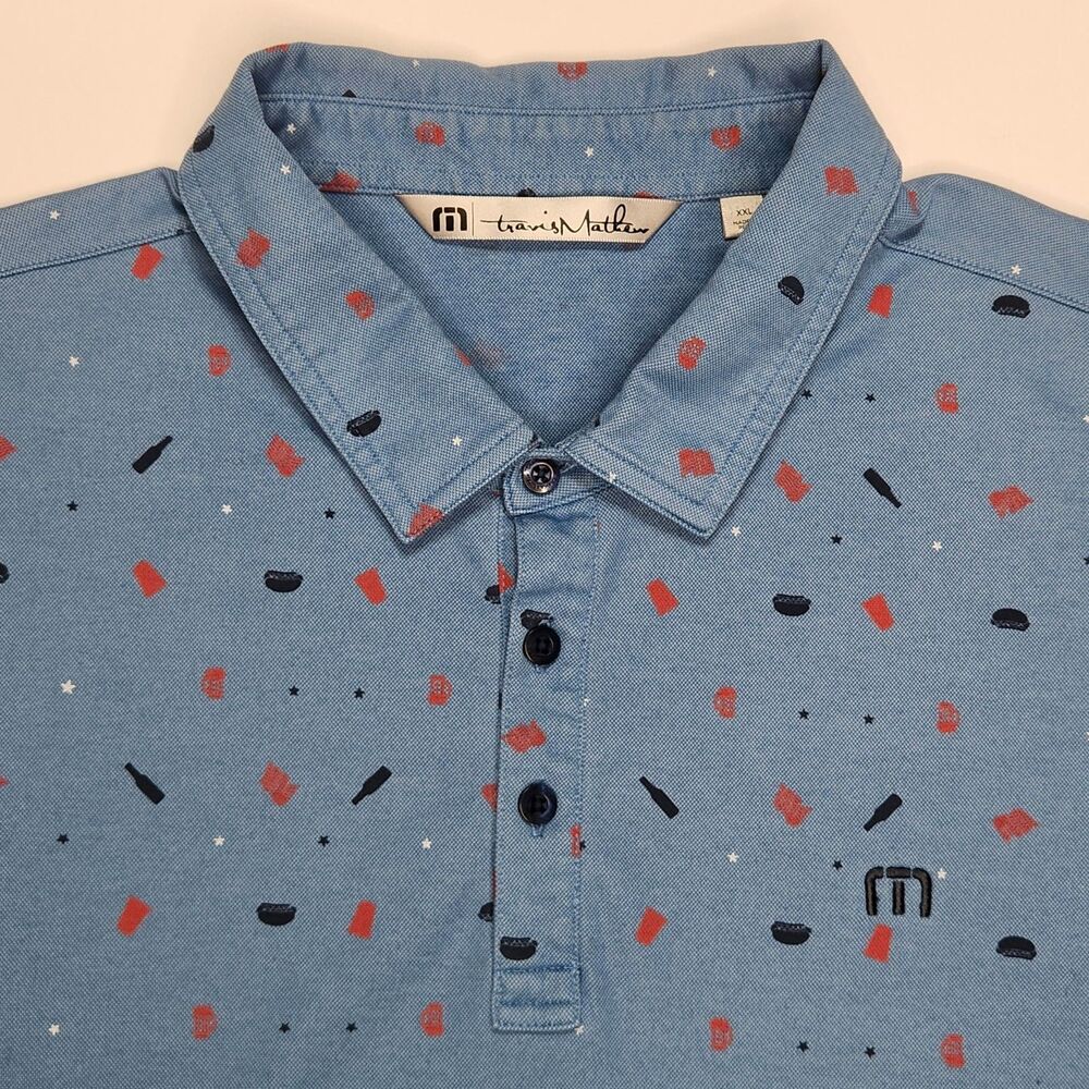 Travis Mathew Golf Polo Shirt XXL Pima Cotton BBQ Beers Hotdogs Flag Red Blue